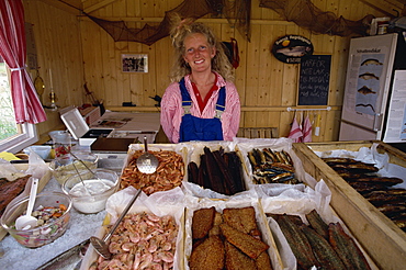 Stall selling seafood and fish on archipelago island of Uto, Sweden, Scandinavia, Europe