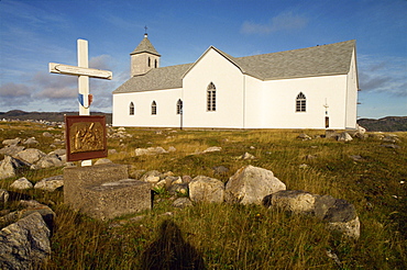 Station of the Cross and church at St. Pierre et Miquelon on the Isle aux Marins, an island near Newfoundland, Canada, North America