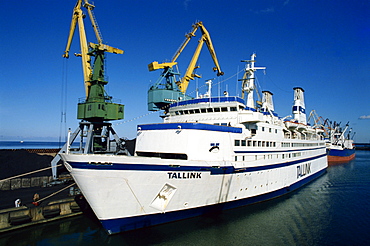 The Tallink Ferry moored in harbour, with cranes behind, Tallinn, Estonia, Baltic States, Europe