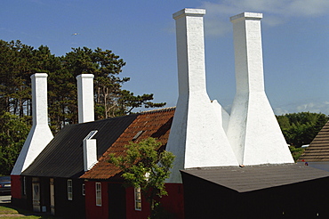 Bornholm smokehouse chimneys, where herrings are smoked, at Allinge, Bornholm, Denmark, Scandinavia, Europe