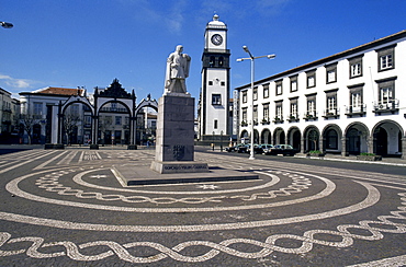 Main square with Cabral statue, Ponta Delgada, Sao Miguel island, Azores, Portugal, Atlantic, Europe