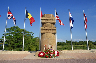 Memorial stele at Pegasus bridge, site of the first liberation, 6th June 1944, Normandy, France, Europe