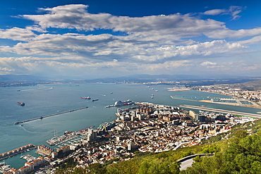 Bay of Gibraltar and Gibraltar Town from the top of the Rock, Gibraltar, Europe