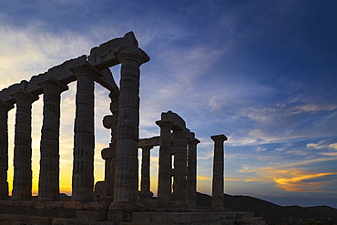 Temple of Poseidon at sunset, Cape Sounion, near Athens, Greece, Europe