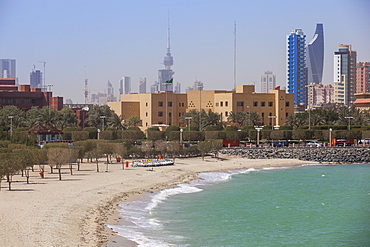 Arabian Gulf and city skyline, Salmiya, Kuwait City, Kuwait, Middle East