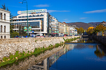 Buildings of Bascarsija (The Old Quarter), on the banks of the Miljacka River, Sarajevo, Bosnia and Herzegovina, Europe