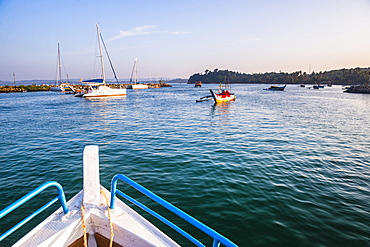 Mirissa harbour, whale watching boat heading out on a whale watching trip, South Coast, Sri Lanka, Asia 