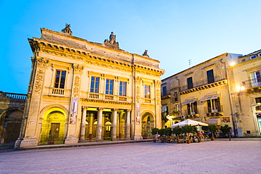 Noto Theatre and cafe at night in Piazza XVI Maggio, Noto, Sicily, Italy, Europe 