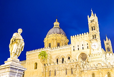 Palermo Cathedral at night (Duomo di Palermo), showing statue, dome and clock tower, Palermo, Sicily, Italy, Europe