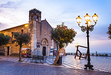 St. Augustine's Church in Piazza IX Aprile at night, Taormina, Sicily, Italy, Europe 