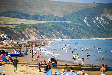 Tourists on Swanage Beach, Dorset, England, United Kingdom, Europe 