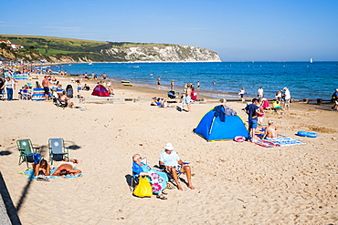 Beach and white cliffs in summer, Swanage, Dorset, England, United Kingdom, Europe