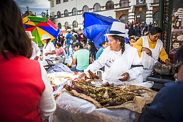 Pork food stall, Saturday Market, Cusco, Cusco Region, Peru, South America