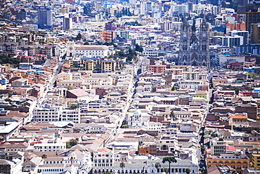 La Basilica Church (Basilica del Voto Nacional) and Historic Centre of the City of Quito seen from Panecillo Hill, Ecuador, South America