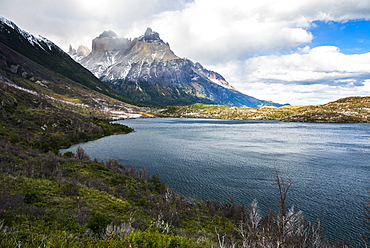 Scottsburg Lake with Cordillera Paine (Paine Massif) behind, Torres del Paine National Park, Patagonia, Chile, South America