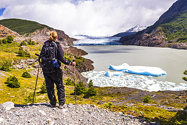 Hiker at Grey Glacier (Glaciar Grey), Torres del Paine National Park, Patagonia, Chile, South America