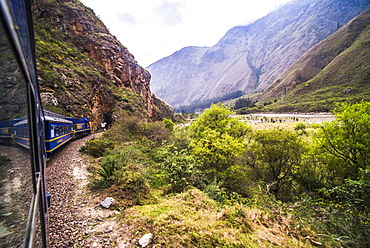 Train between Aguas Calientes (Machu Picchu stop) and Ollantaytambo, Cusco Region, Peru, South America