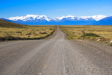 Long straight road to Perito Moreno Glaciar, El Calafate, Patagonia, Argentina, South America