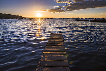 Lake Titicaca pier at sunset, Copacabana, Bolivia, South America