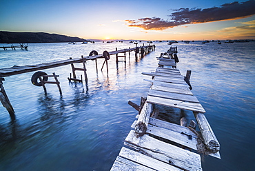 Lake Titicaca pier at sunset, Copacabana, Bolivia, South America