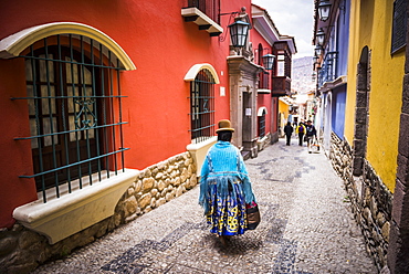 Chollita on Calle Jaen, a colourful colonial cobbled street in La Paz, La Paz Department, Bolivia, South America