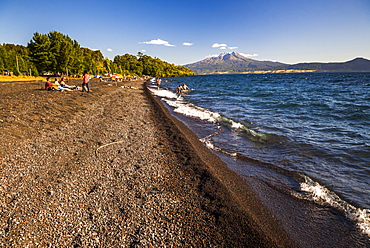 Calbuco Volcano, seen from a beach on Llanquihue Lake, Chilean Lake District, Chile, South America