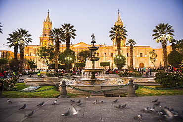 Night at Basilica Cathedral of Arequipa (Basilica Catedral), Plaza de Armas, Arequipa, UNESCO World Heritage Site, Peru, South America