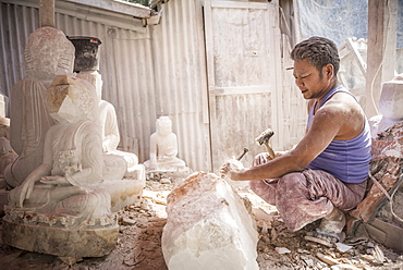 Starting to carve a Buddha image, Mandalay, Mandalay Region, Myanmar (Burma), Asia