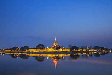 Mandalay City Fort and Palace reflected in the moat surrrounding the compound at night, Mandalay, Myanmar (Burma), Asia