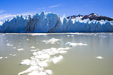 Fallen ice and Perito Moreno Glaciar, Los Glaciares National Park, UNESCO World Heritage Site, near El Calafate, Patagonia, Argentina, South America