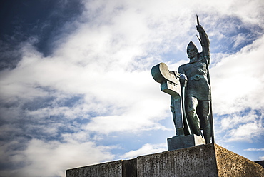 Statue of Ingolfur Arnarson, considered the first settler of Iceland, on Arnarholl Hill in Reykjavik, Iceland, Polar Regions