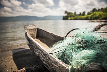 Fishing nets in a fishing boat on Lake Toba (Danau Toba), North Sumatra, Indonesia, Southeast Asia, Asia