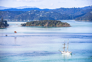 Sailing boat in the Bay of Islands seen from Russell, Northland Region, North Island, New Zealand, Pacific