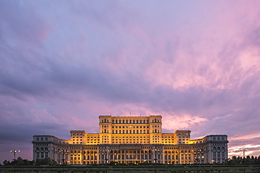 Palace of the Parliament at sunset, Bucharest, Muntenia Region, Romania, Europe