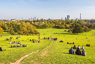 London City Skyline in autumn seen from Primrose Hill, Chalk Farm, Borough of Camden, London, England, United Kingdom, Europe