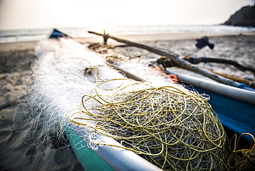 Fishing nets at sunset, Talpona Beach, South Goa, India, Asia