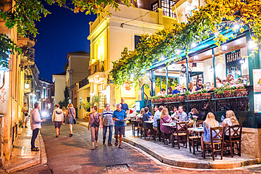 Restaurants at night, Plaka District, Athens, Attica Region, Greece, Europe