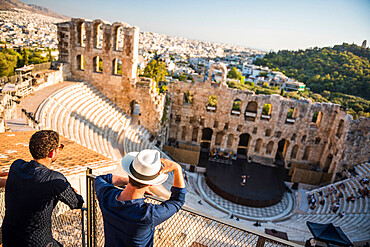 Tourists at Odeon of Herodes Atticus Theatre, by the Acropolis, UNESCO World Heritage Site, Athens, Attica Region, Greece, Europe