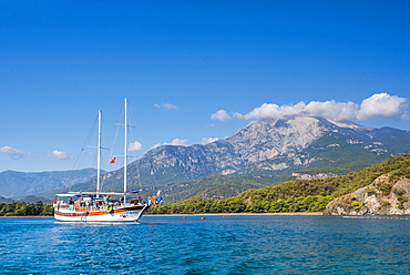 Gulet sailing ship cruise in a bay at Phaselis near Kemer, Antalya Province, Mediterranean Coast, Turkey, Asia Minor, Eurasia