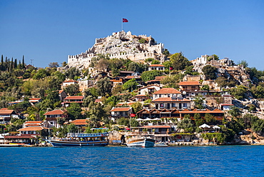 Simena Castle seen from Kekova Bay, Antalya Province, Lycia, Anatolia, Mediterranean Sea, Turkey, Asia Minor, Eurasia