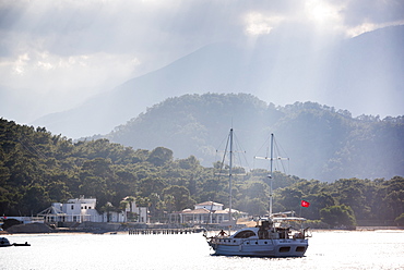 Gulet sailing boat with Taurus Mountains behind, Kemer, Antalya Province, Lycia, Anatolia, Mediterranean Sea, Turkey, Asia Minor, Eurasia