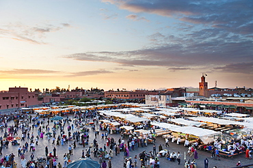 View of the Djemaa el Fna at sunset, Marrakech, Morocco, North Africa, Africa