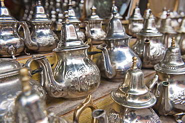 Traditional metal Moroccan mint tea pots for sale in the souks in the old Medina, Marrakech, Morocco, North Africa, Africa 