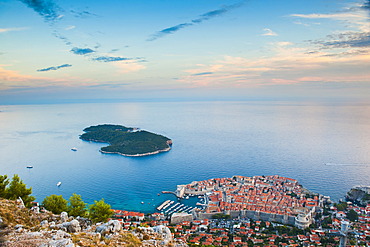 View over Dubrovnik, Lokum Island and Adriatic Sea, Dubrovnik, Dalmatian Coast, Croatia, Europe 