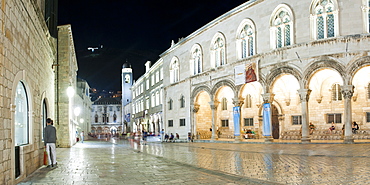 Dubrovnik City Bell Tower in Dubrovnik Old Town at night, UNESCO World Heritage Site, Dubrovnik, Croatia, Europe 