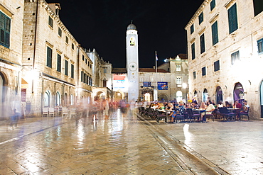 Dubrovnik Old Town at night, Dubrovnik City Bell Tower on Stradun, UNESCO World Heritage Site, Dubrovnik, Croatia, Europe