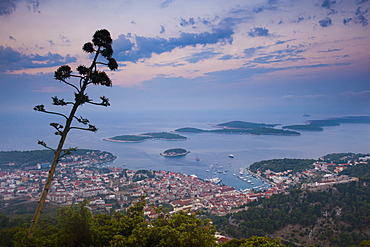 Hvar Town and the Pakleni Islands (Paklinski Islands) at night, Dalmatian Coast, Adriatic Sea, Croatia, Europe