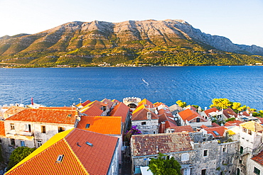 Korcula Town at sunset, elevated view from St. Marks Cathedral bell tower, Korcula Island, Dalmatian Coast, Adriatic, Croatia, Europe 