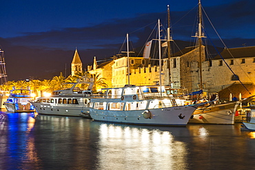 Trogir town and boat docks at night, Trogir, Dalmatian Coast, Adriatic, Croatia, Europe 