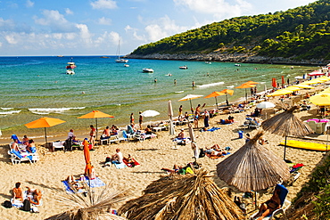 Sunj Beach, a popular sandy beach on Lopud Island, Elaphiti Islands (Elaphites), Dalmatian Coast, Adriatic Sea, Croatia, Europe 